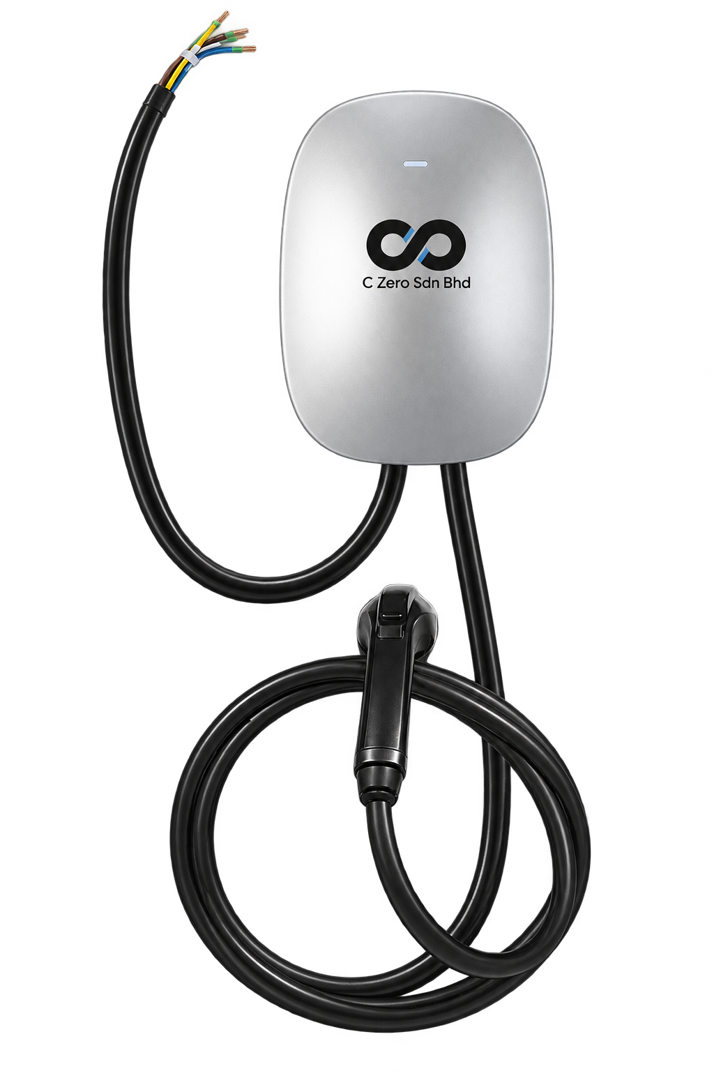 C-Zero branding mockup on a silver 7 kW AC wallbox with charging cable
